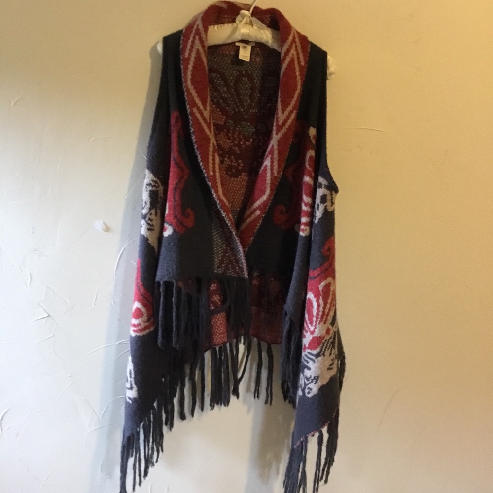 Mystree Fringed Waterfall Front Sleeveless Vest Cardigan